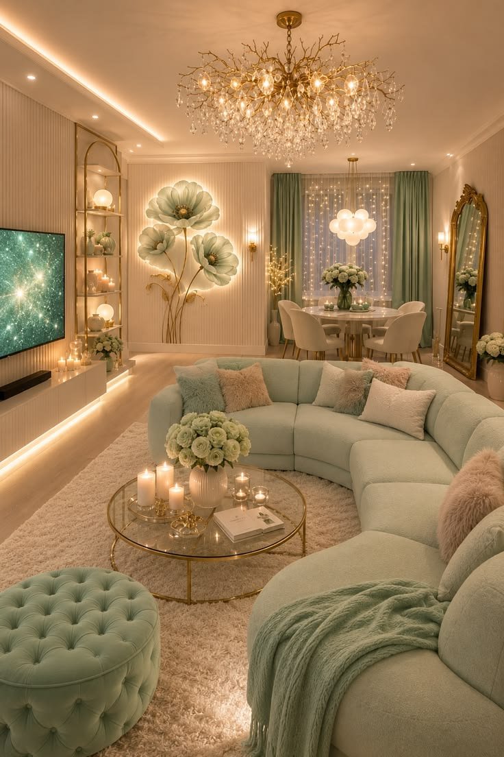 Modern living room interior with warm gold accents
