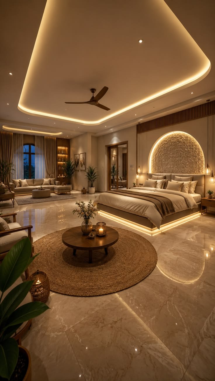 Minimal master bedroom with soft ambient lighting