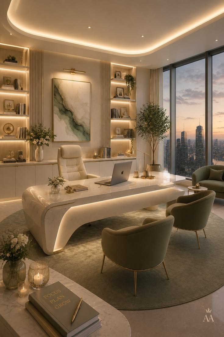 Elegant modern living room interior with warm architectural lighting